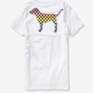 PINK VS CHECKERED RAINBOW BLING DOG CAMPUS TSHIRT XL